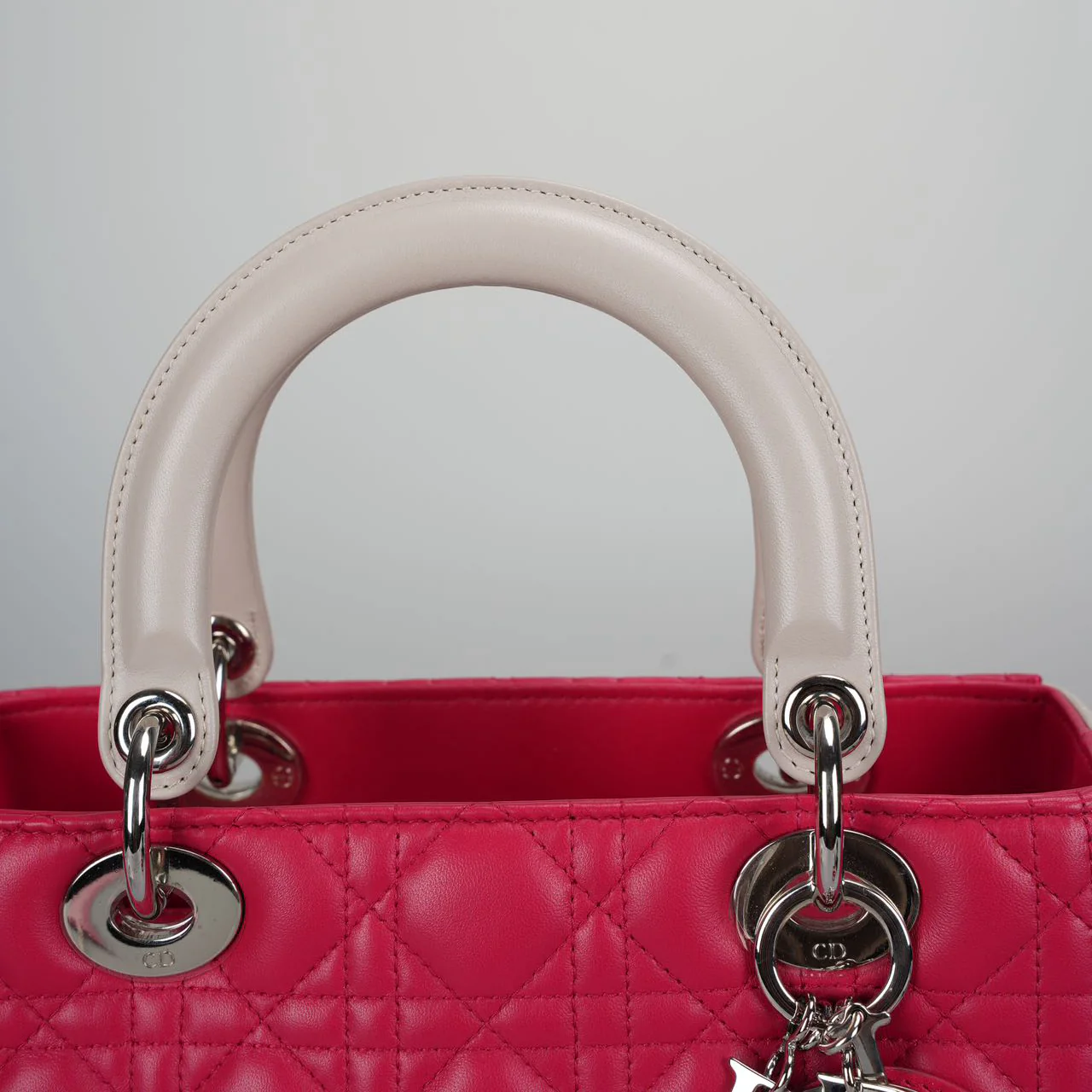 used-Christian Dior Lady Dior Bag Cannage Medium Hand Bag Lamb Skin Red White-MILOURA