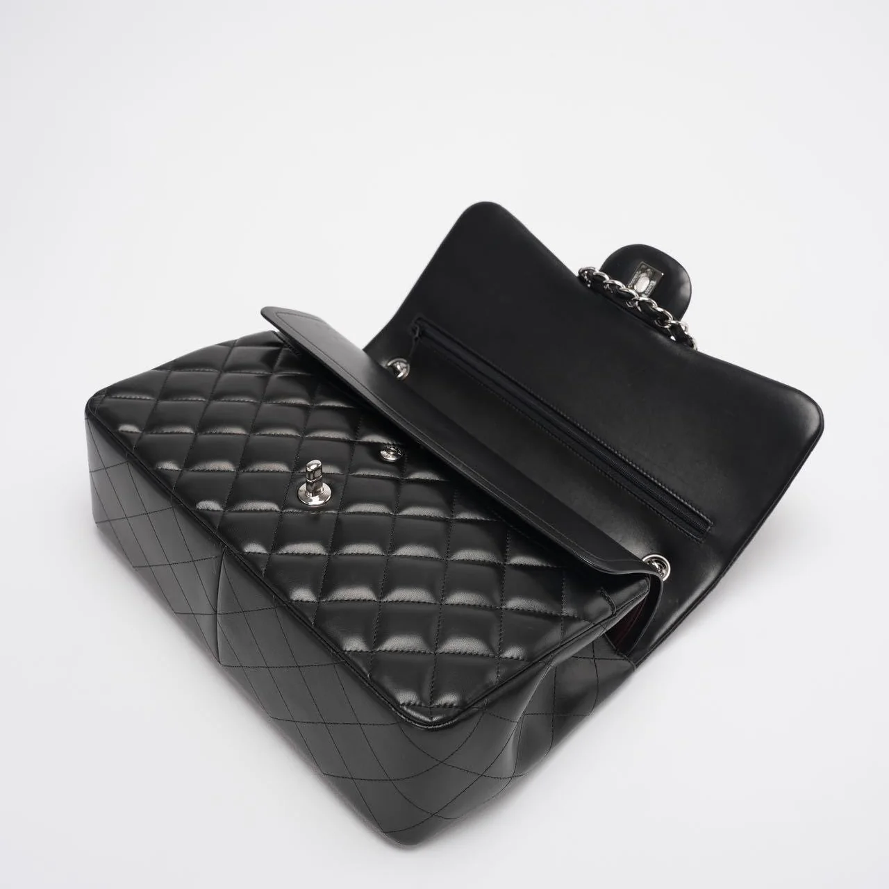 Chanel Classis Flap Bag Lambskin Black Bag Jumbo in Silver Hardware