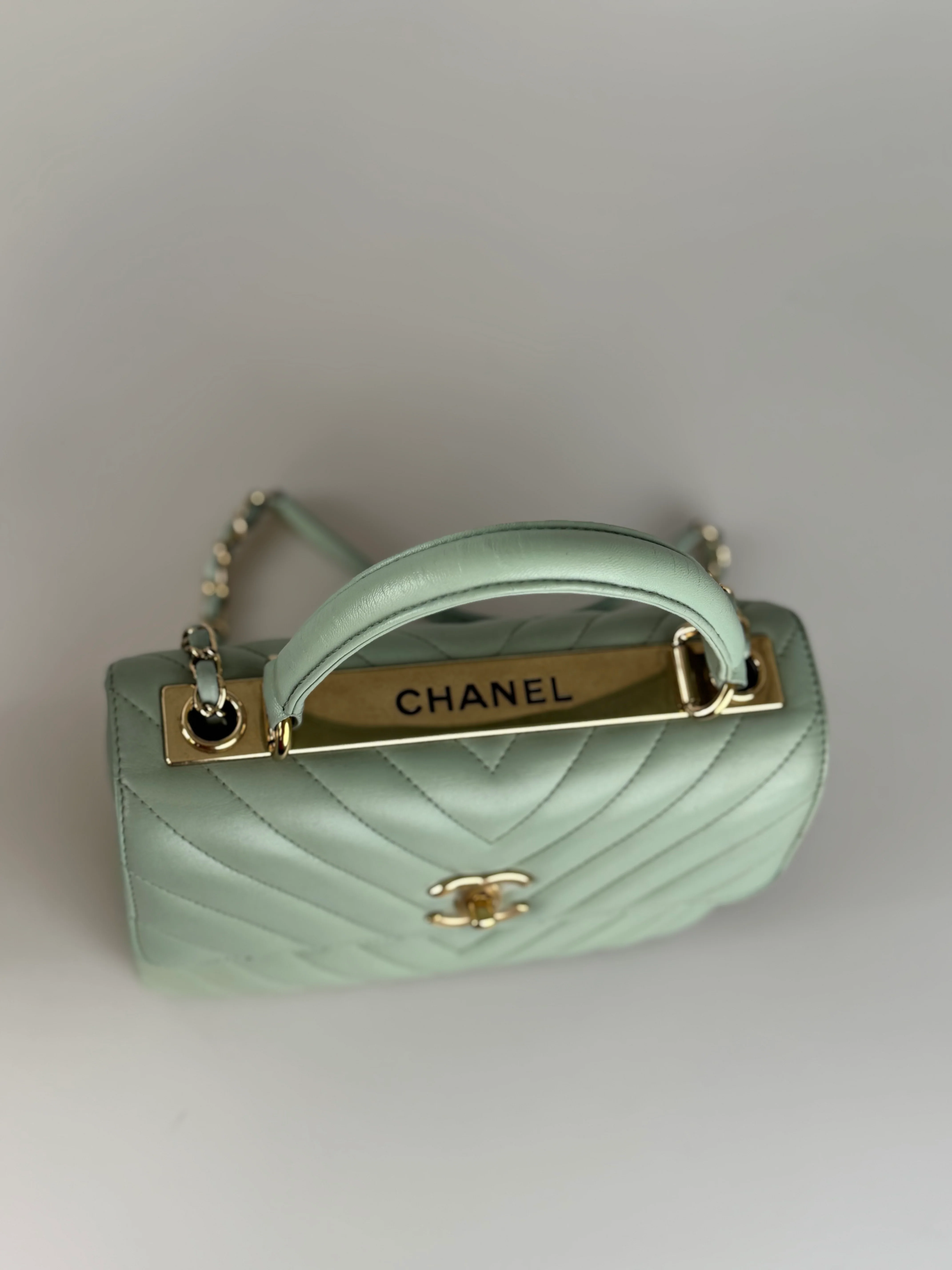 used-CHANEL Lambskin Chevron Quilted Small Trendy CC Dual Handle Flap Bag Light Green-MILOURA