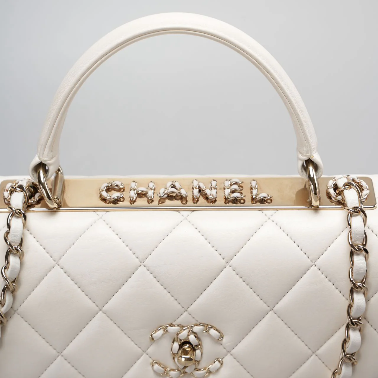 used-Chanel small trendy CC Lambskin Quilted Flap Dual Handle Bag in White-MILOURA