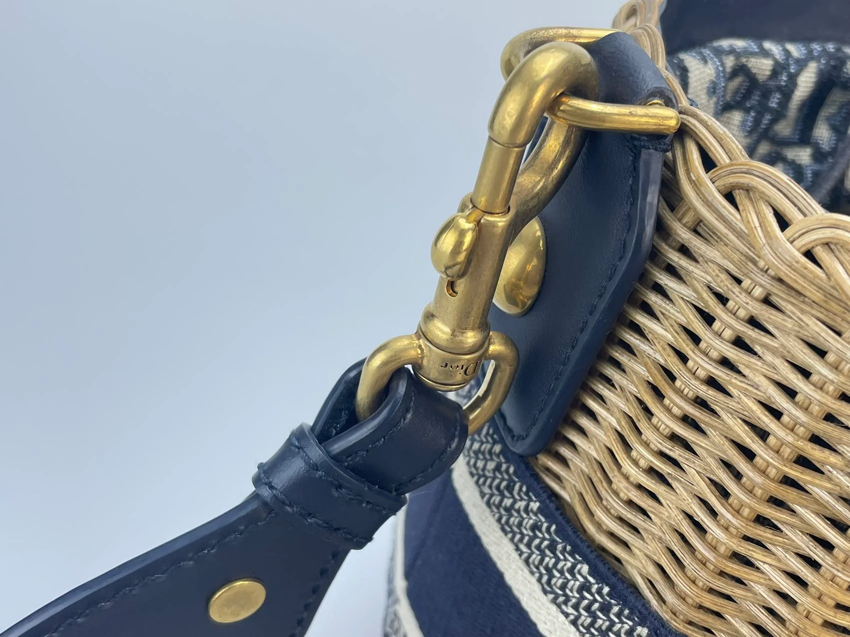used-Dior Dioriviera Bucket Bag in Wicker and Blue Canvas With Gold Hardware-MILOURA