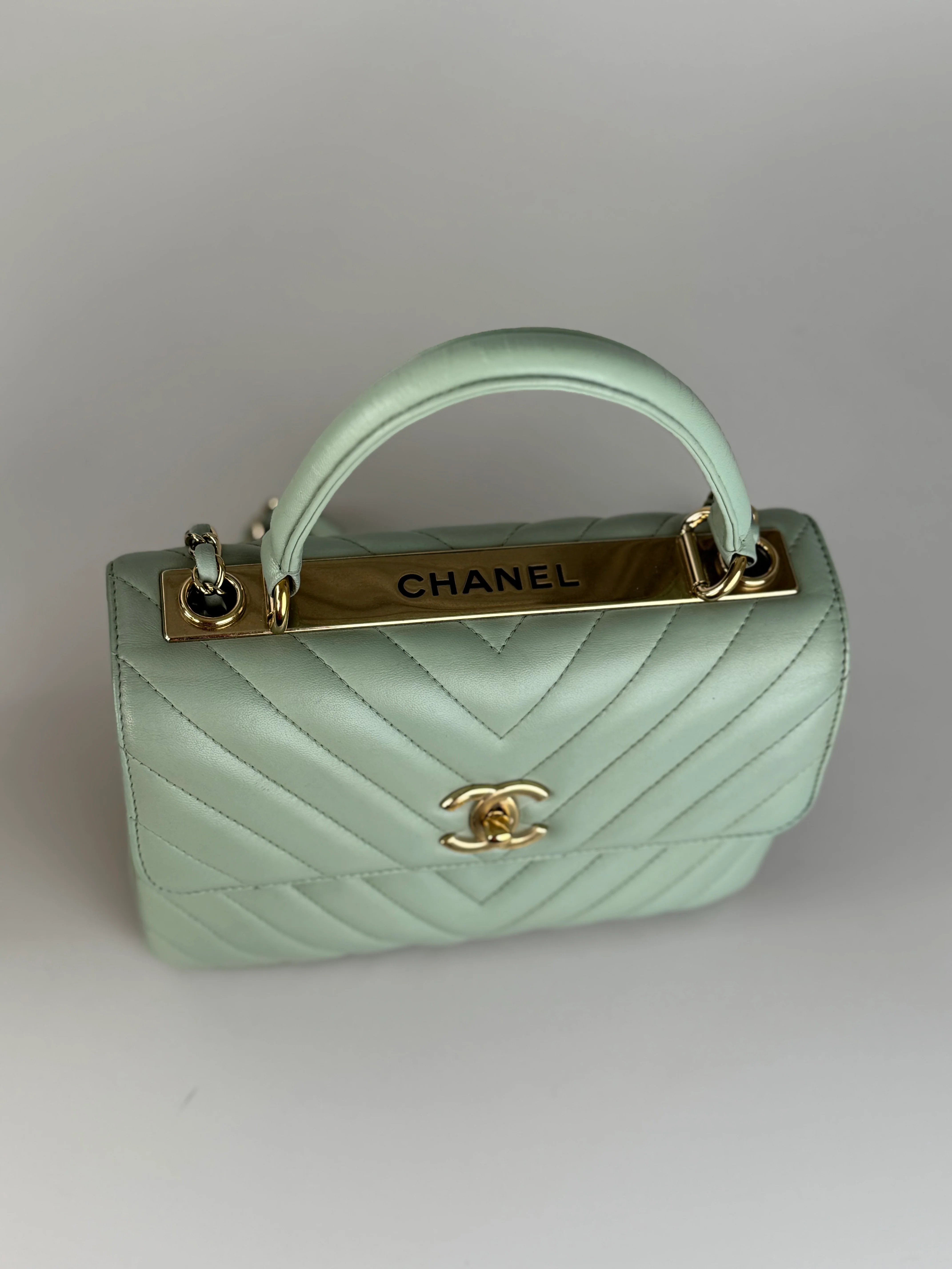 used-CHANEL Lambskin Chevron Quilted Small Trendy CC Dual Handle Flap Bag Light Green-MILOURA