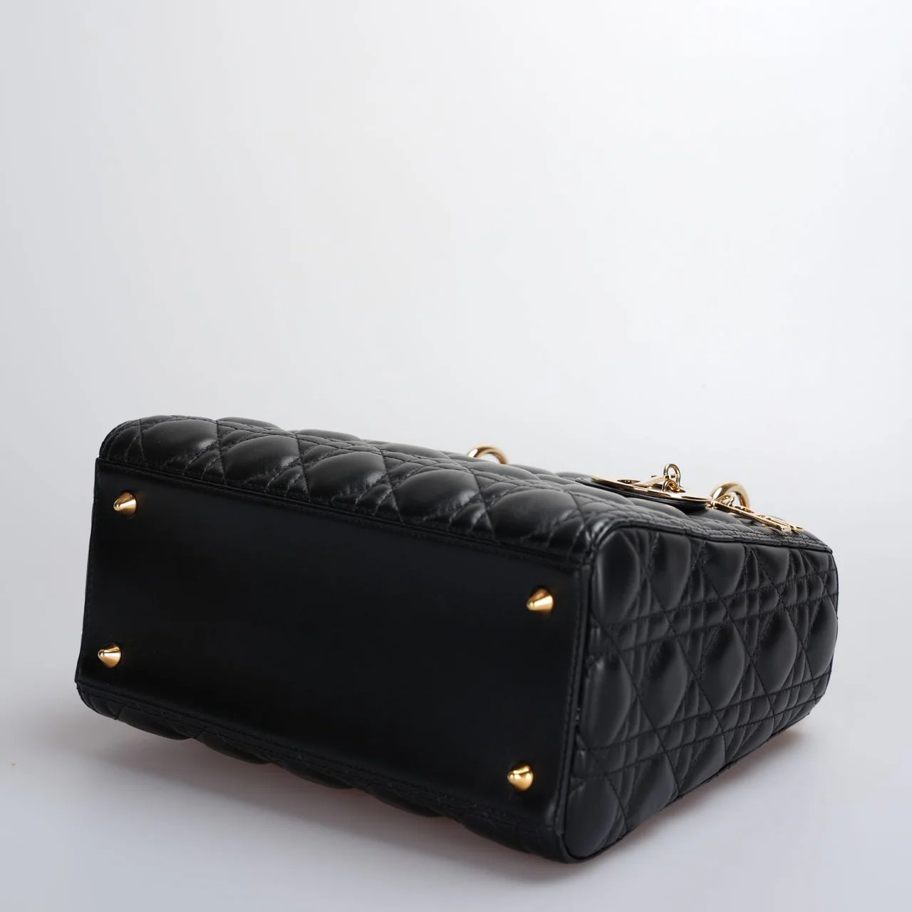 used-Christian Dior Black Medium Lady Dior Bag in Cannage Lambskin Leather with Gold Hardware-MILOURA