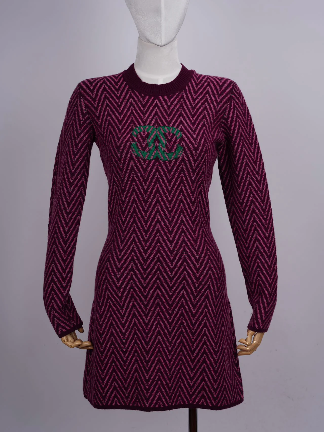 used-Chanel Burgundy and Green Chevron CC Cashmere Knit Dress Size 36-MILOURA