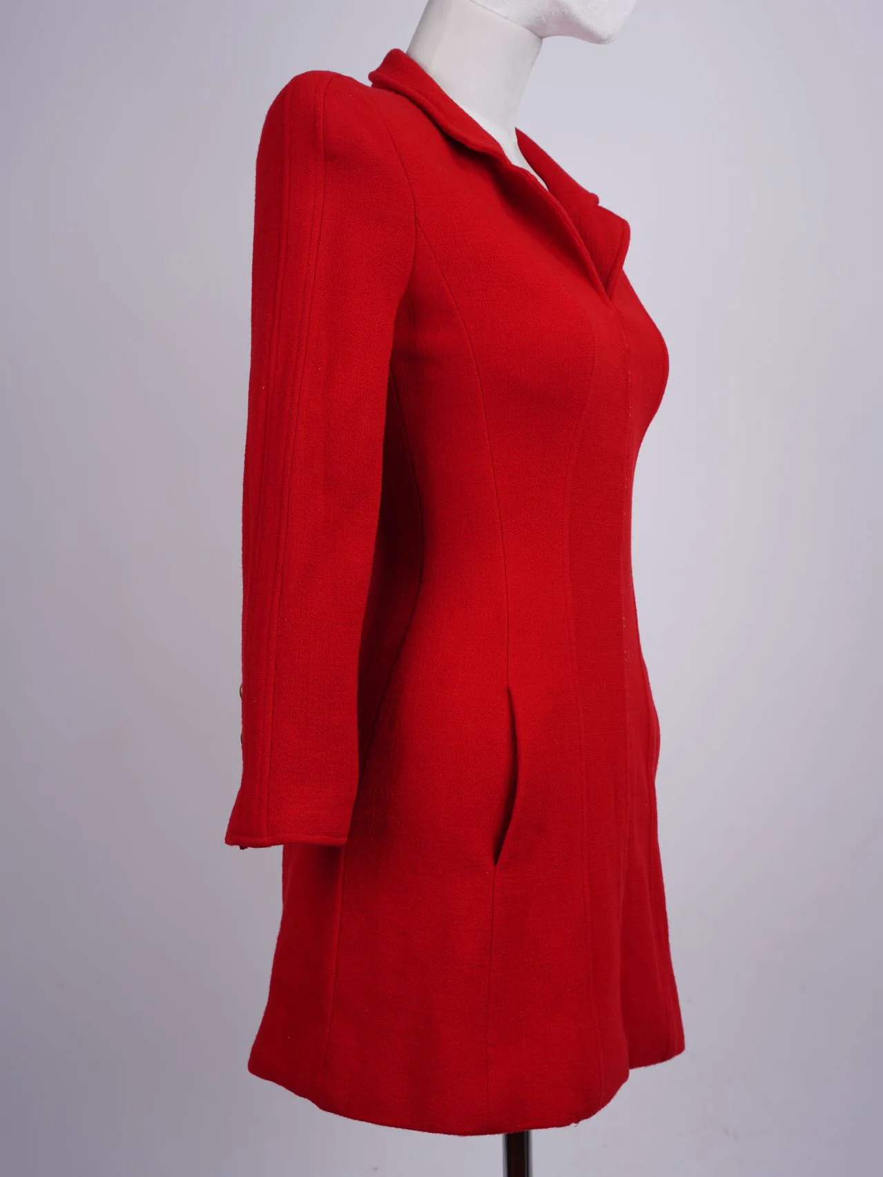 used-Chanel Vintage Red Jacket Dress with Gold CC Logo Button Details FR 38-MILOURA