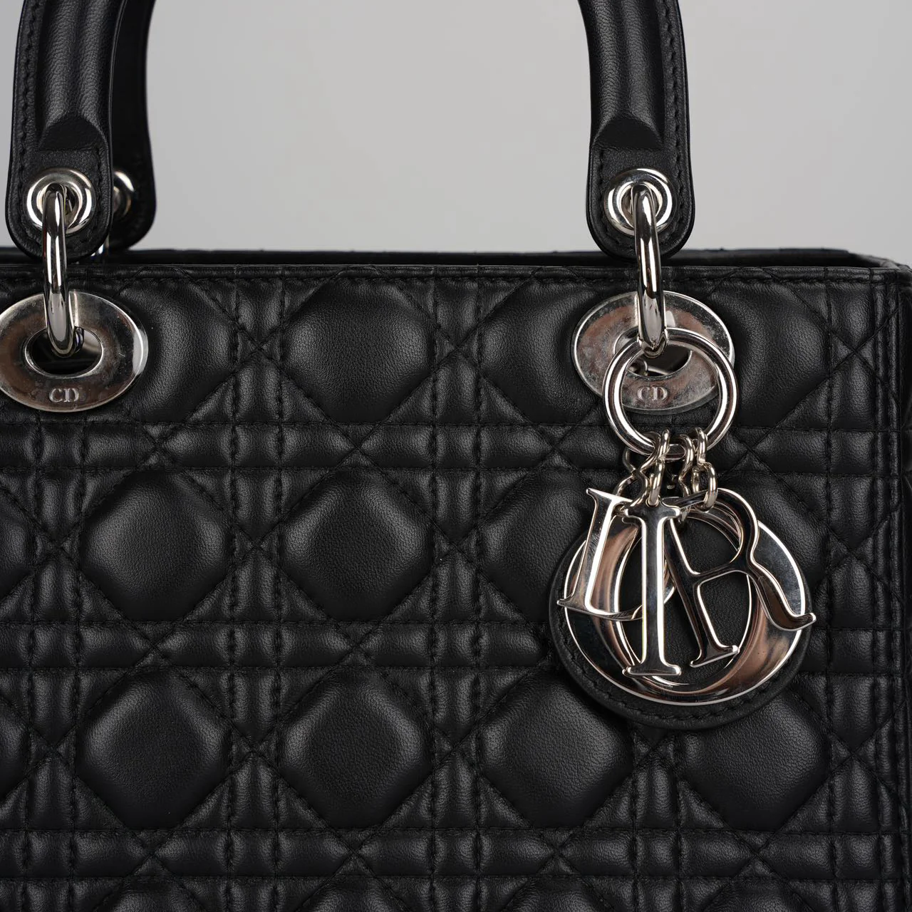 used-Christian Dior Black Medium Lady Dior Bag in Cannage Lambskin Leather with Silver Hardware-MILOURA