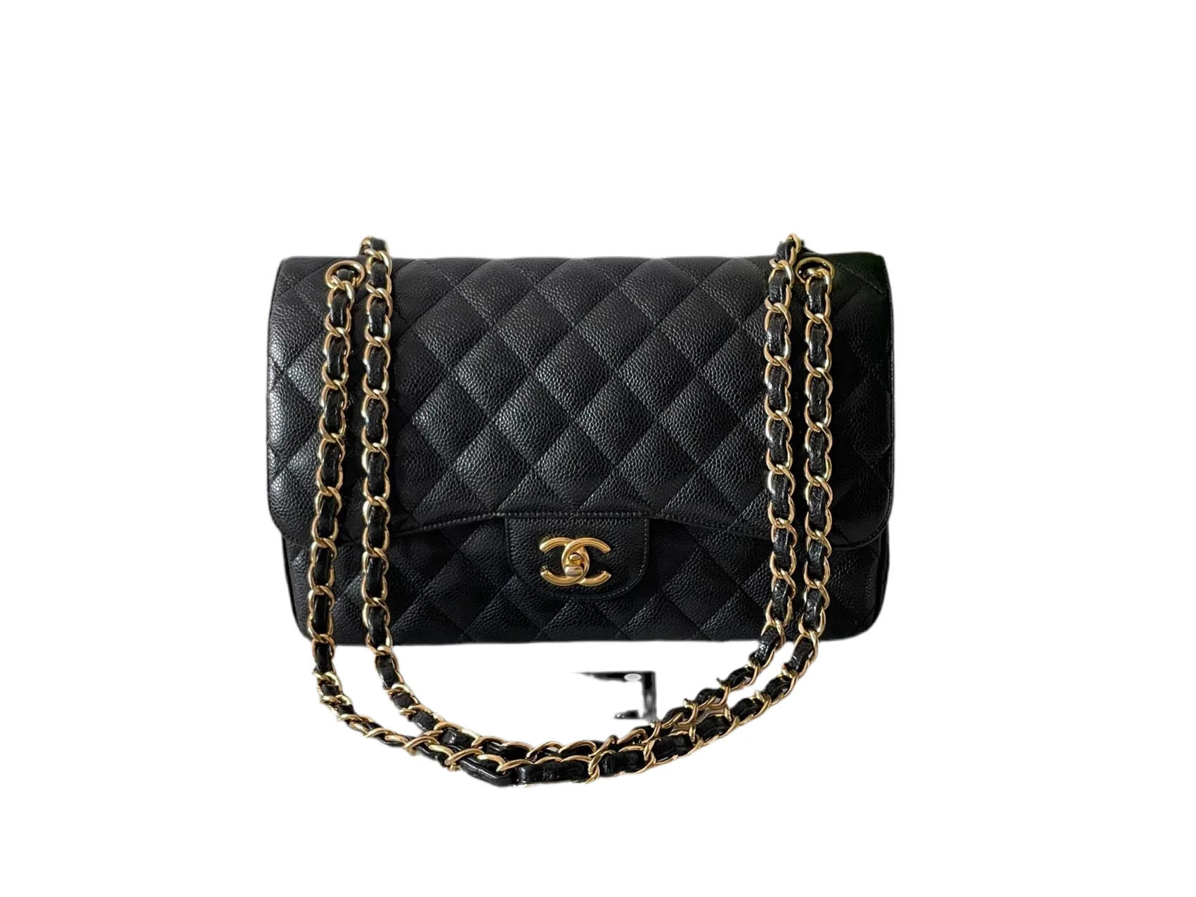 used-Chanel Black Jumbo Classic Double Flap Bag Caviar Leather with Gold Hardware-MILOURA
