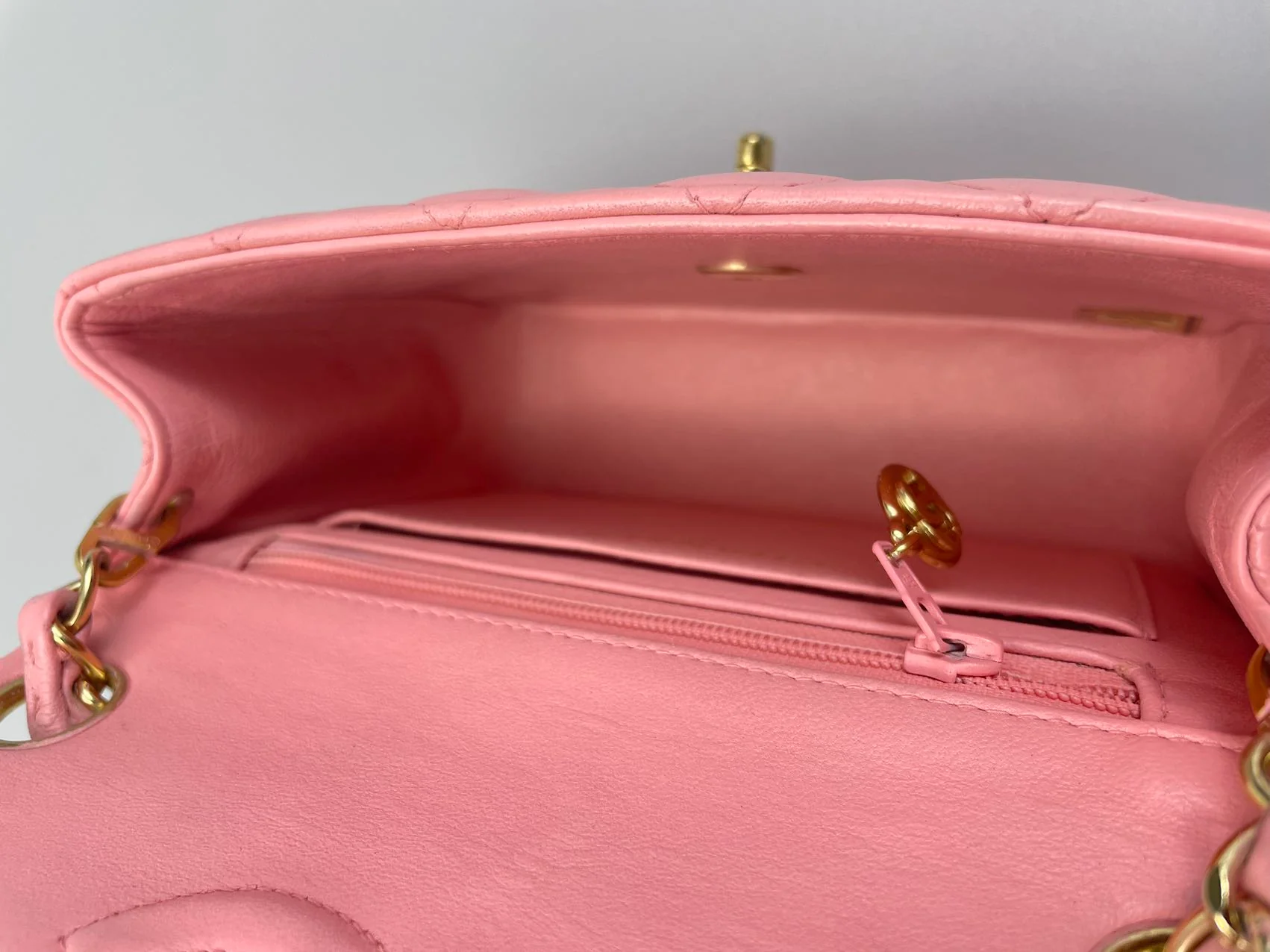 used-Chanel Vintage Rose Pink Classic Mini Square Flap Bag in Lambskin with Gold Hardware-MILOURA