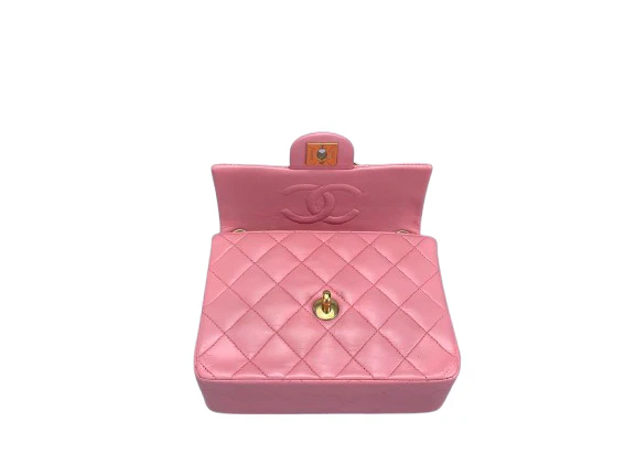 used-Chanel Vintage Rose Pink Classic Mini Square Flap Bag in Lambskin with Gold Hardware-MILOURA