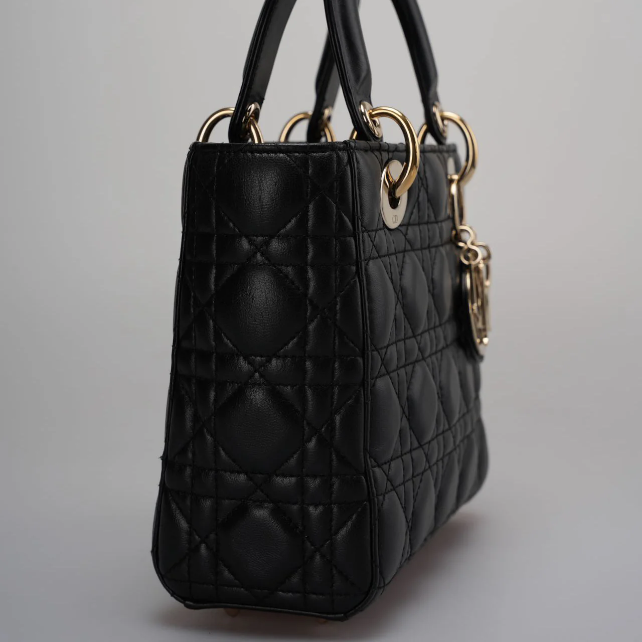 used-Christian Dior Black Small Lady Dior Bag in Cannage Lambskin Leather with Gold Hardware-MILOURA