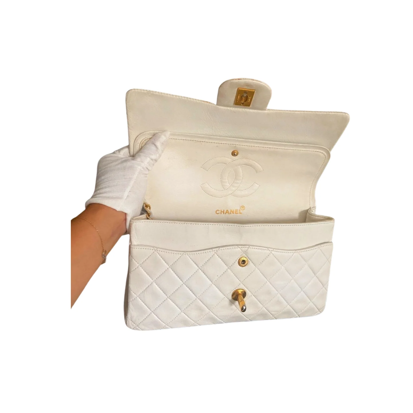used-Chanel White Vintage Medium Classic Flap Bag in Lambskin Leather with 24K Gold Hardware-MILOURA