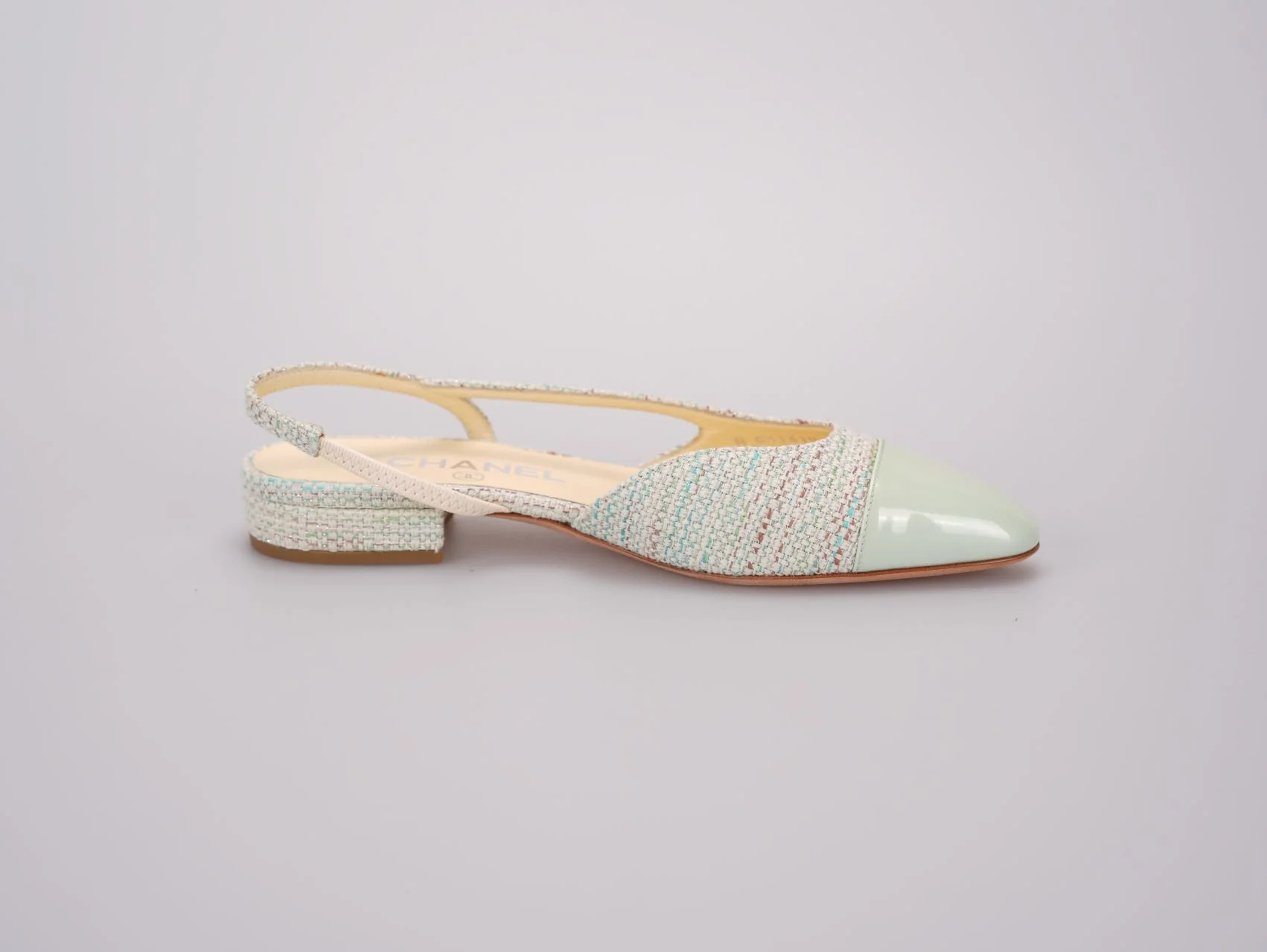 used-Chanel Light Green Tweed Slingback Patent Cap Toe Ballerinas 36-MILOURA