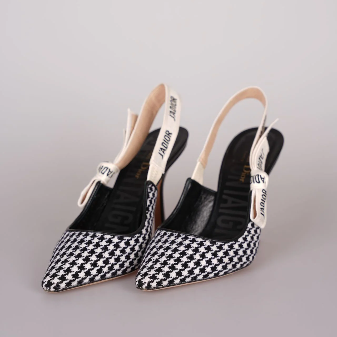 used-Christian Dior Wool Ribbon Houndstooth J'Adior Slingback 8cm Pumps 38D Black White-MILOURA