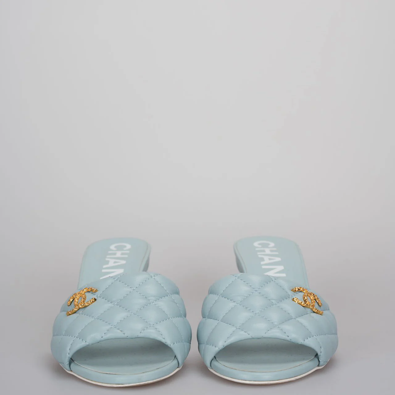 used-CHANEL Tiffany Blue Lambskin Quilted Textured CC Mules 38.5-MILOURA