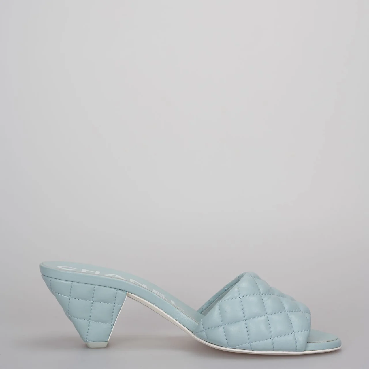 used-CHANEL Tiffany Blue Lambskin Quilted Textured CC Mules 38.5-MILOURA
