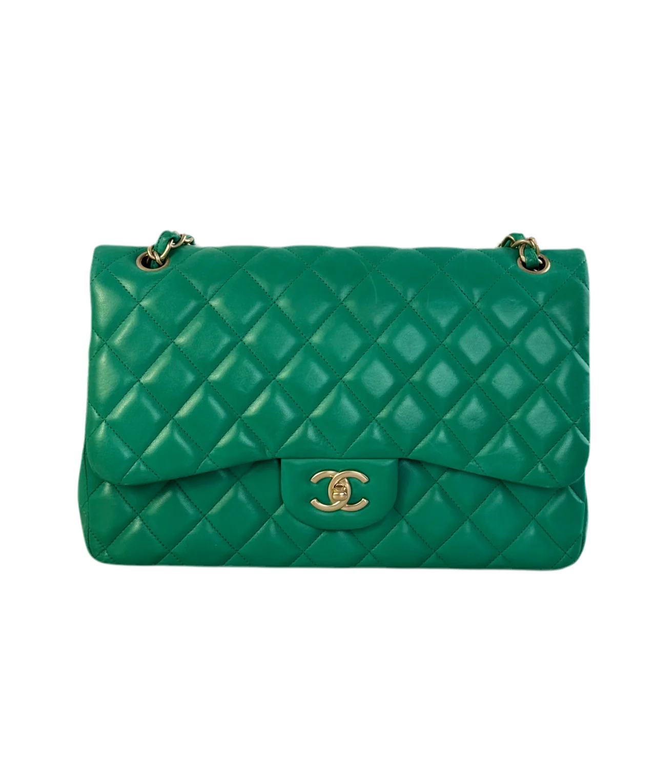 used-Chanel timeless Flap Bag Jumbo Green with Gold Hardware-MILOURA