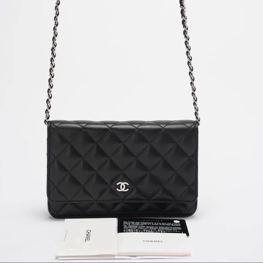 Chanel Wallet on Chain (WOC) Black Cross Body Bag Lambskin Leather Silver Hardware 2017 Front 