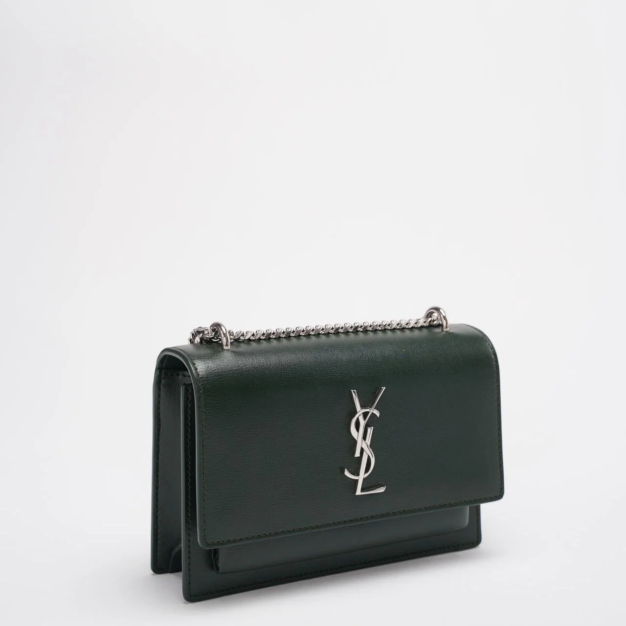 Saint Laurent Sunset Wallet on Chain Mini Olive Green with Silver Tone Hardware