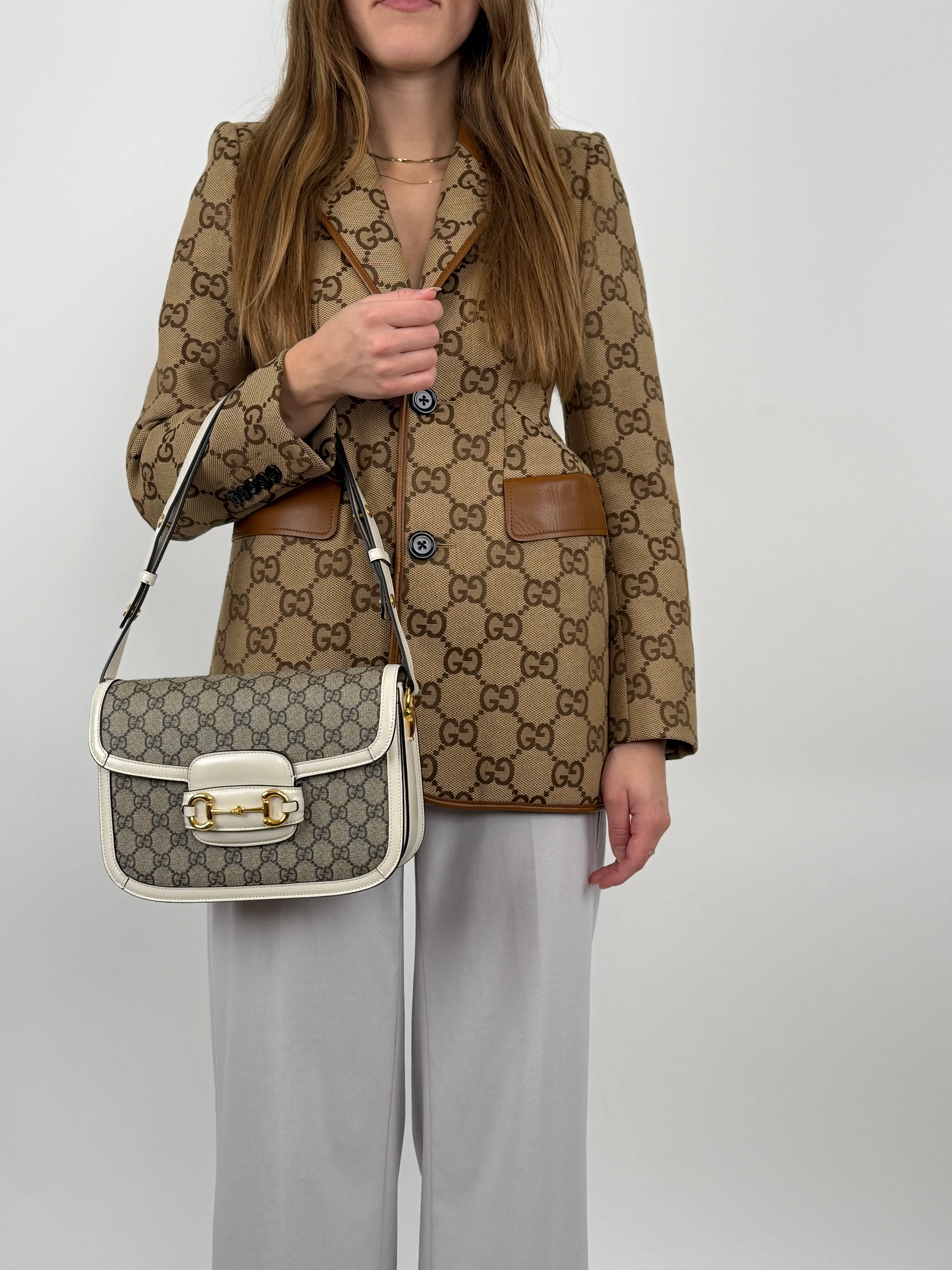 used-Gucci Supreme Monogram Beige Calfskin Horsebit 1955 Shoulder Bag-MILOURA