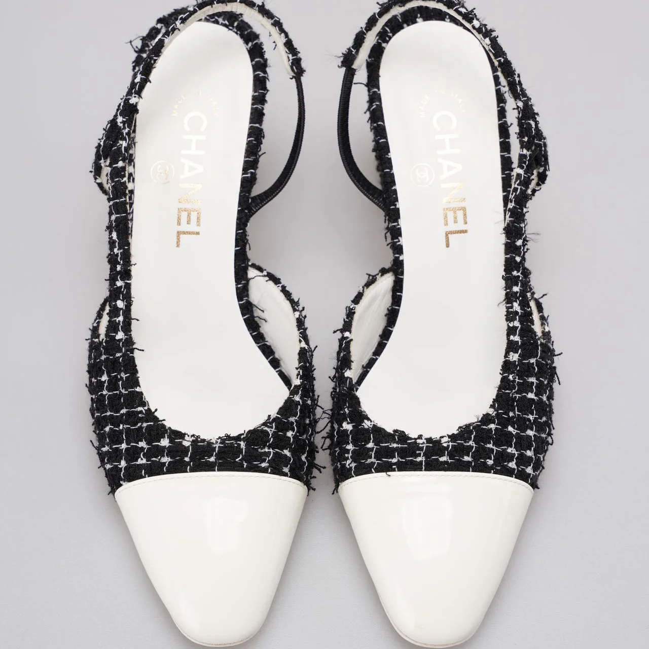 Chanel Black Tweed Slingback Pumps  With White Cap Toe 38.5