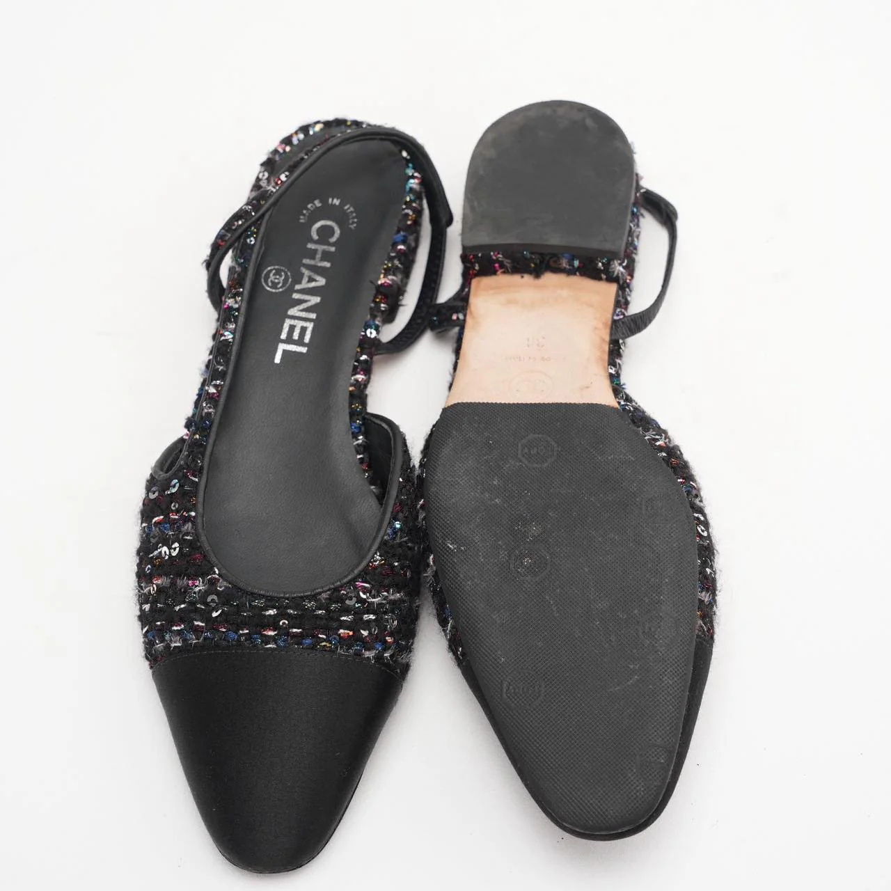 Chanel Black Sequin Slingback Cap Toe CC Glittered Tweed 38