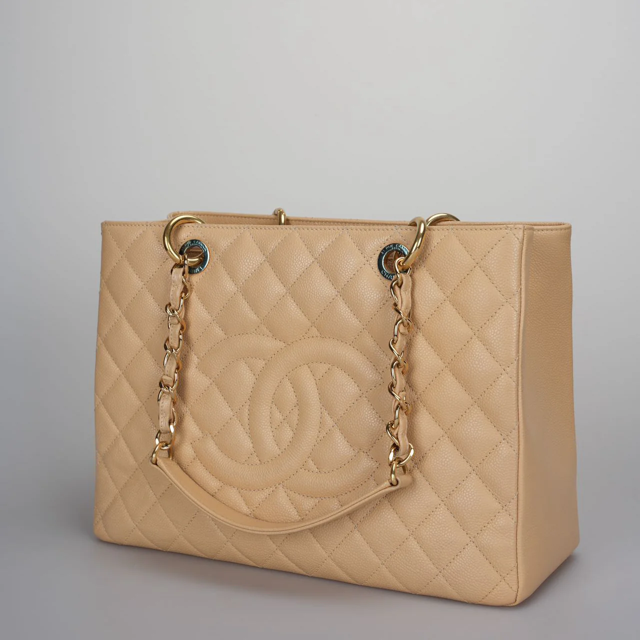 used-Chanel beige Grand Shopping Tote Beige GST Bag in Caviar Leather with Gold Hardware-MILOURA