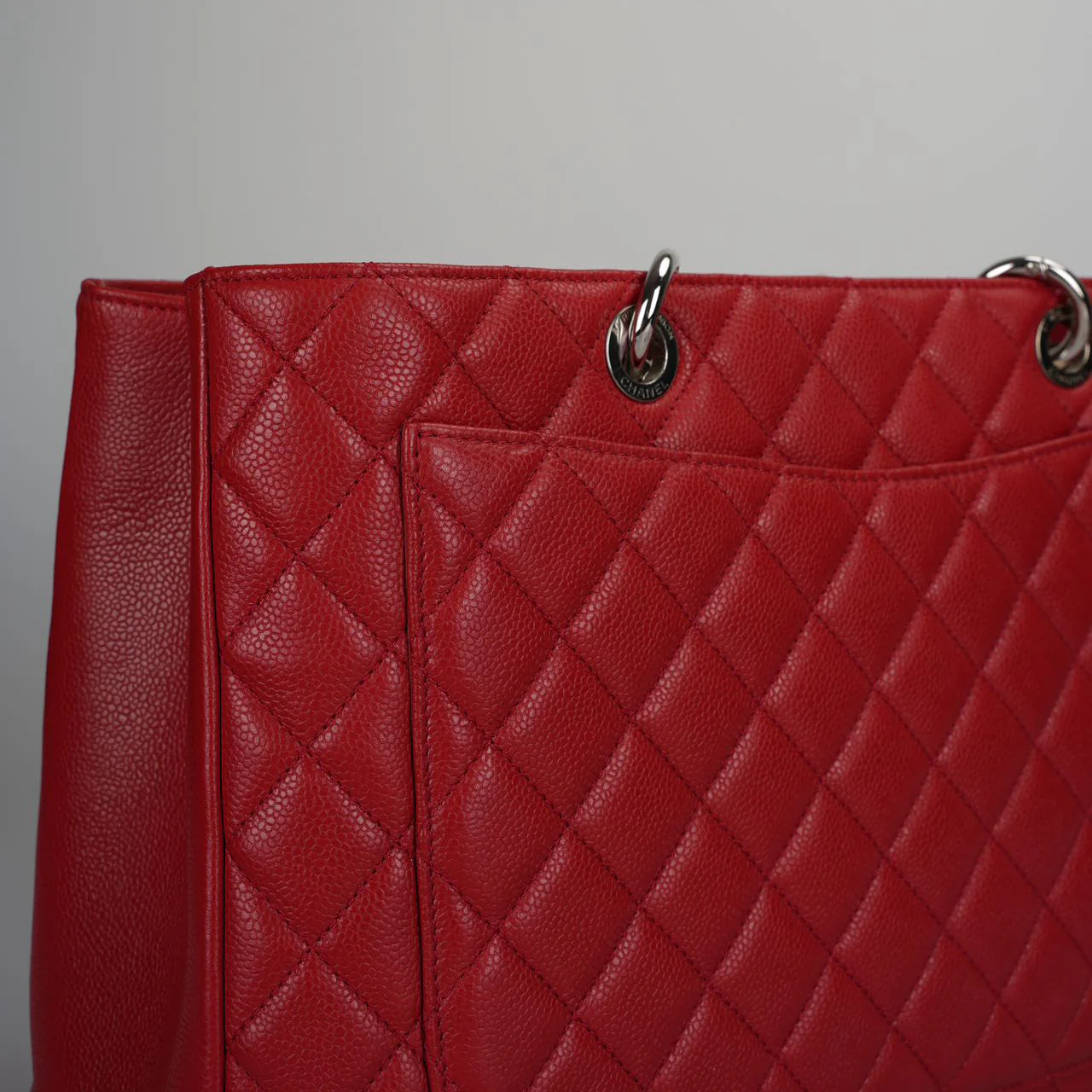 used-Chanel Large Grand Shopping Tote Red GST Bag in Caviar Leather with Silver Hardware XL size-MILOURA