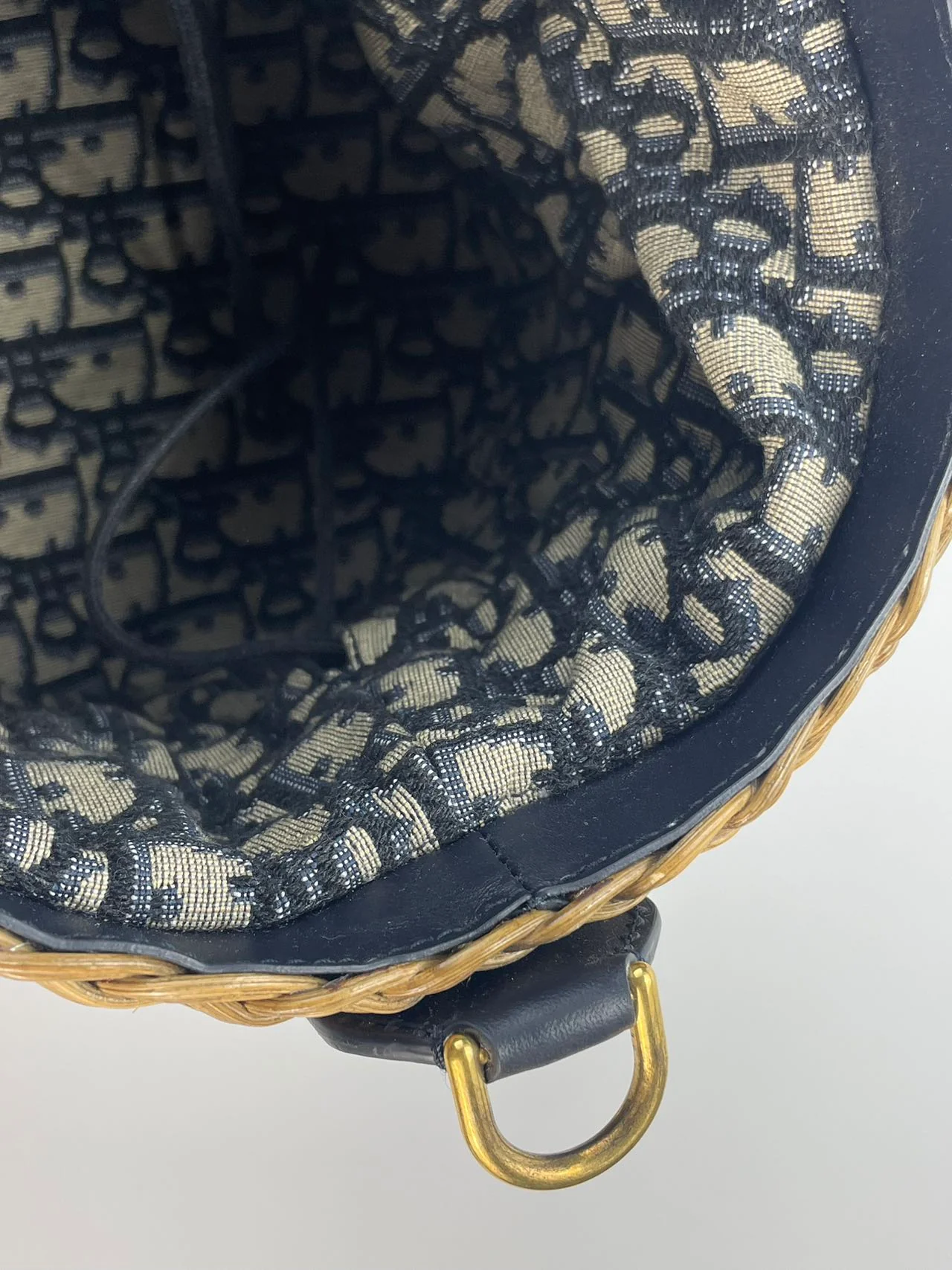 used-Dior Dioriviera Bucket Bag in Wicker and Blue Canvas With Gold Hardware-MILOURA