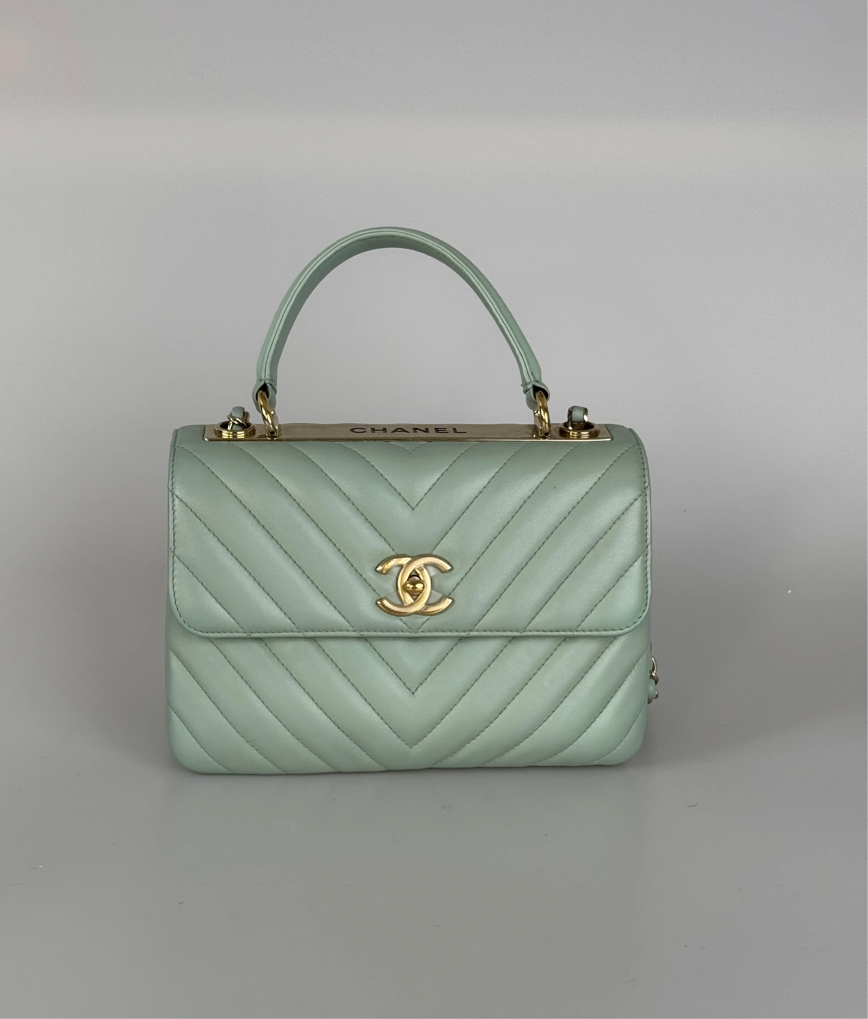 used-CHANEL Lambskin Chevron Quilted Small Trendy CC Dual Handle Flap Bag Light Green-MILOURA