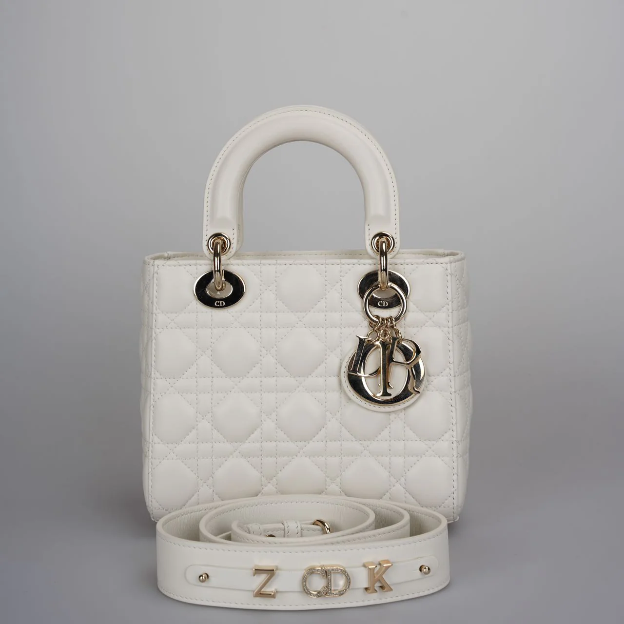 used-Christian Dior White Small Lady Dior Bag in Cannage Lambskin Leather with Gold Hardware 2020-MILOURA