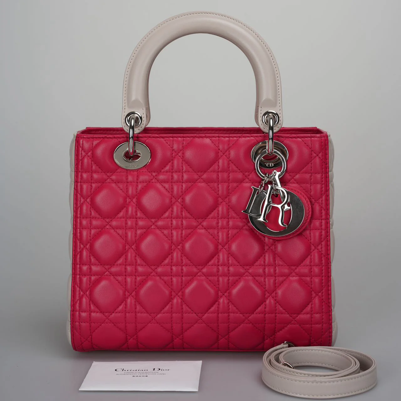 used-Christian Dior Lady Dior Bag Cannage Medium Hand Bag Lamb Skin Red White-MILOURA