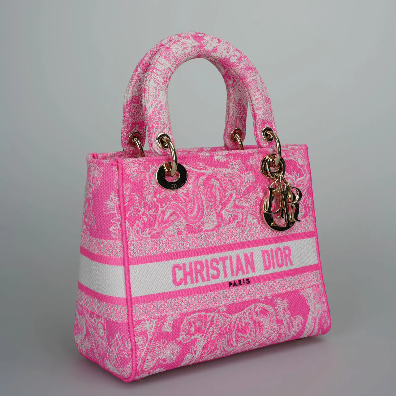 used-Christian Dior Canvas Toile De Jouy Reverse Embroidered Medium Lady D-Lite in Fluorescent Pink-MILOURA
