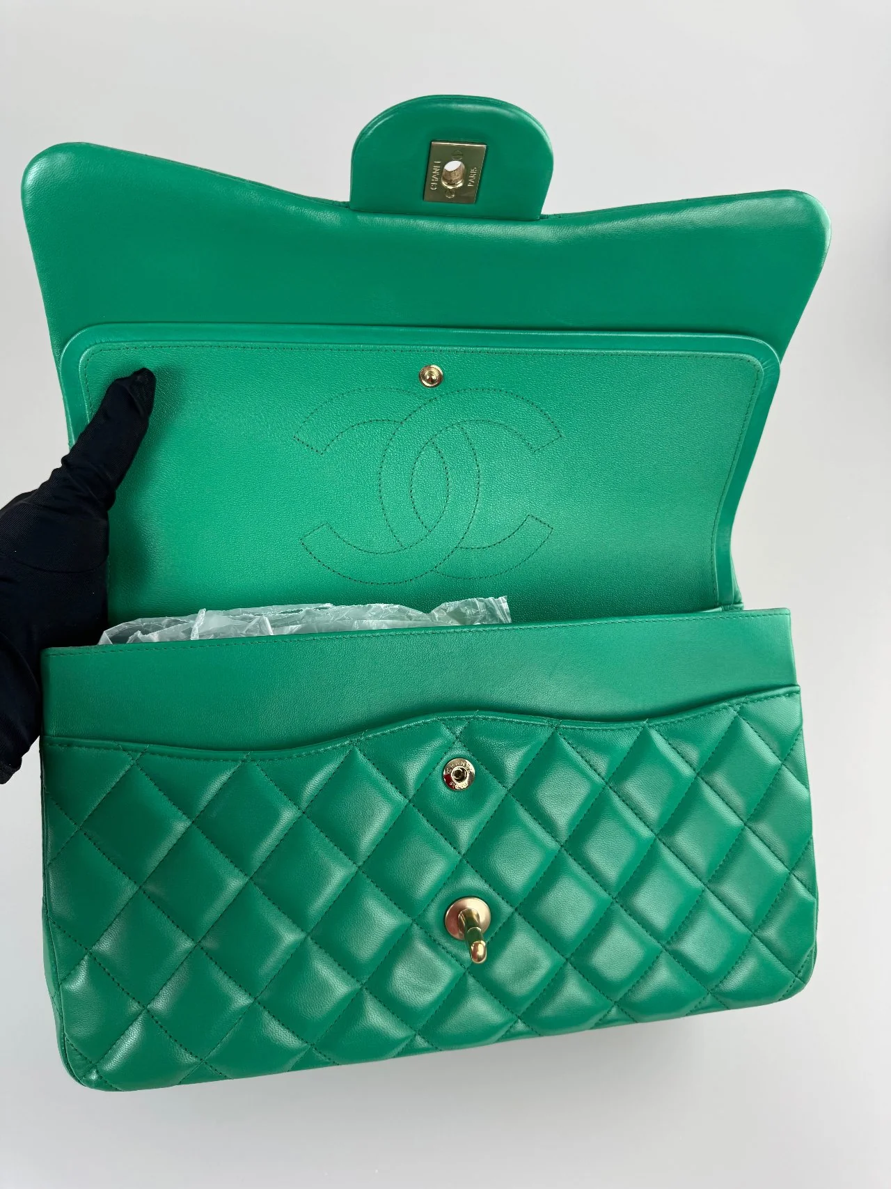 used-Chanel timeless Flap Bag Jumbo Green with Gold Hardware-MILOURA