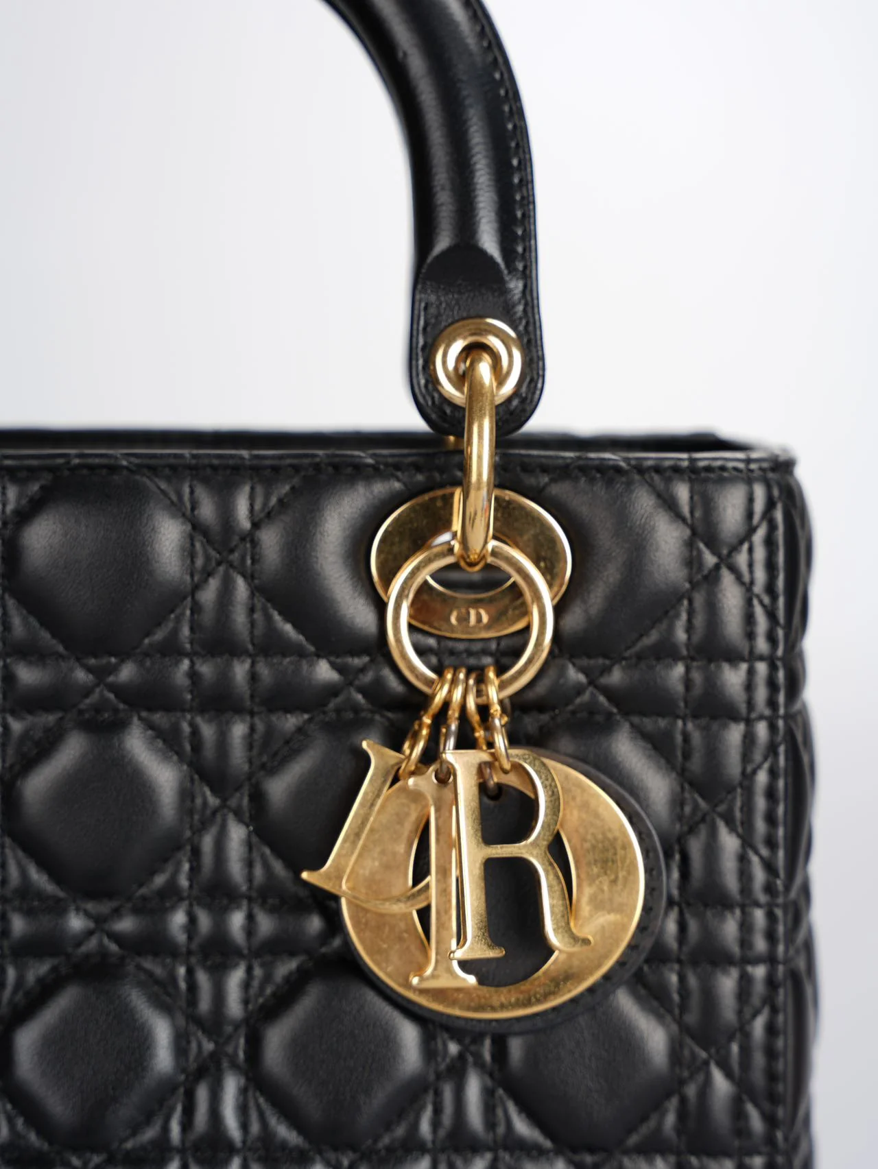 used-Christian Dior Black Medium Lady Dior Bag in Cannage Lambskin Leather with Gold Hardware-MILOURA