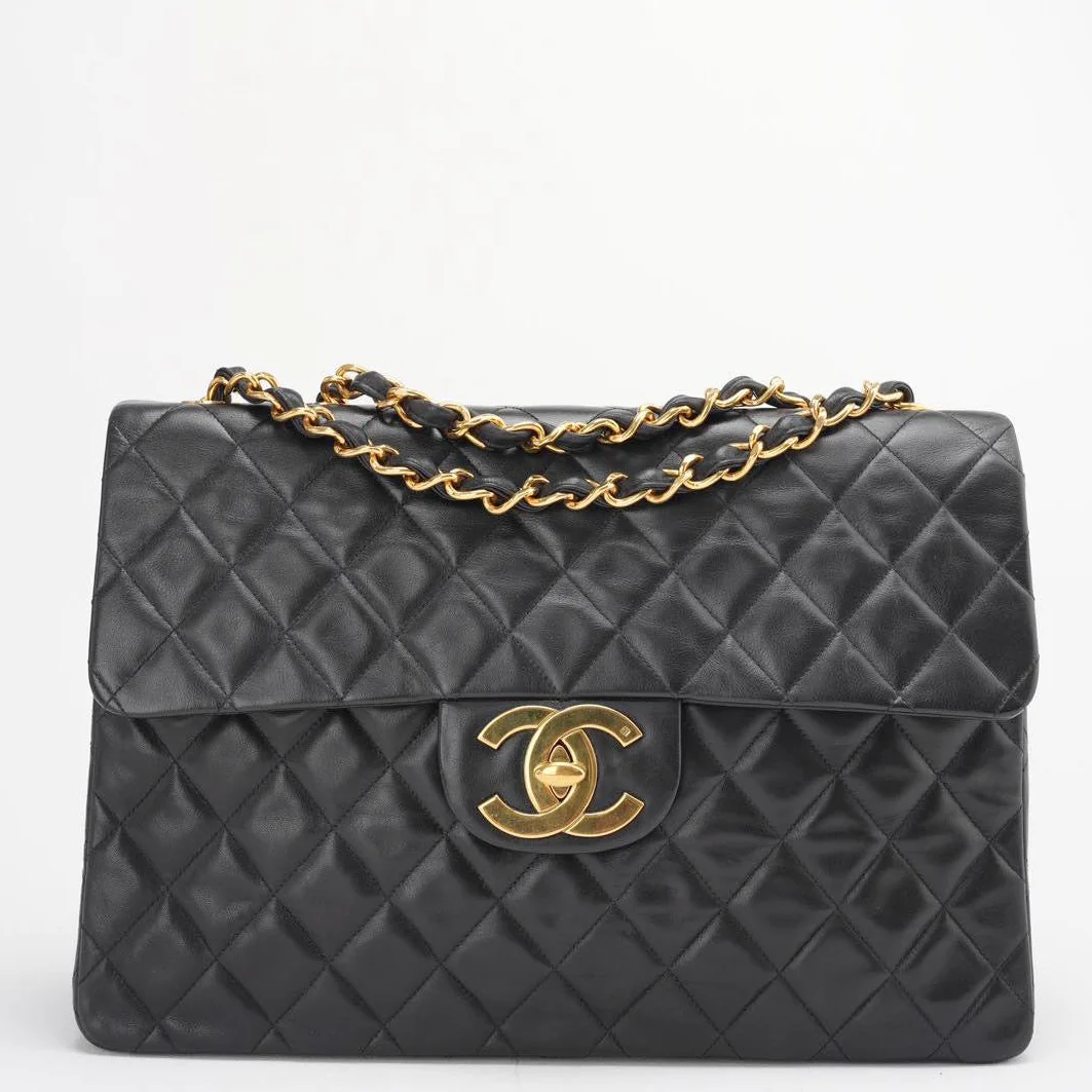 Chanel Vintage Black Maxi Classic Flap Bag Lambskin 1991-1994