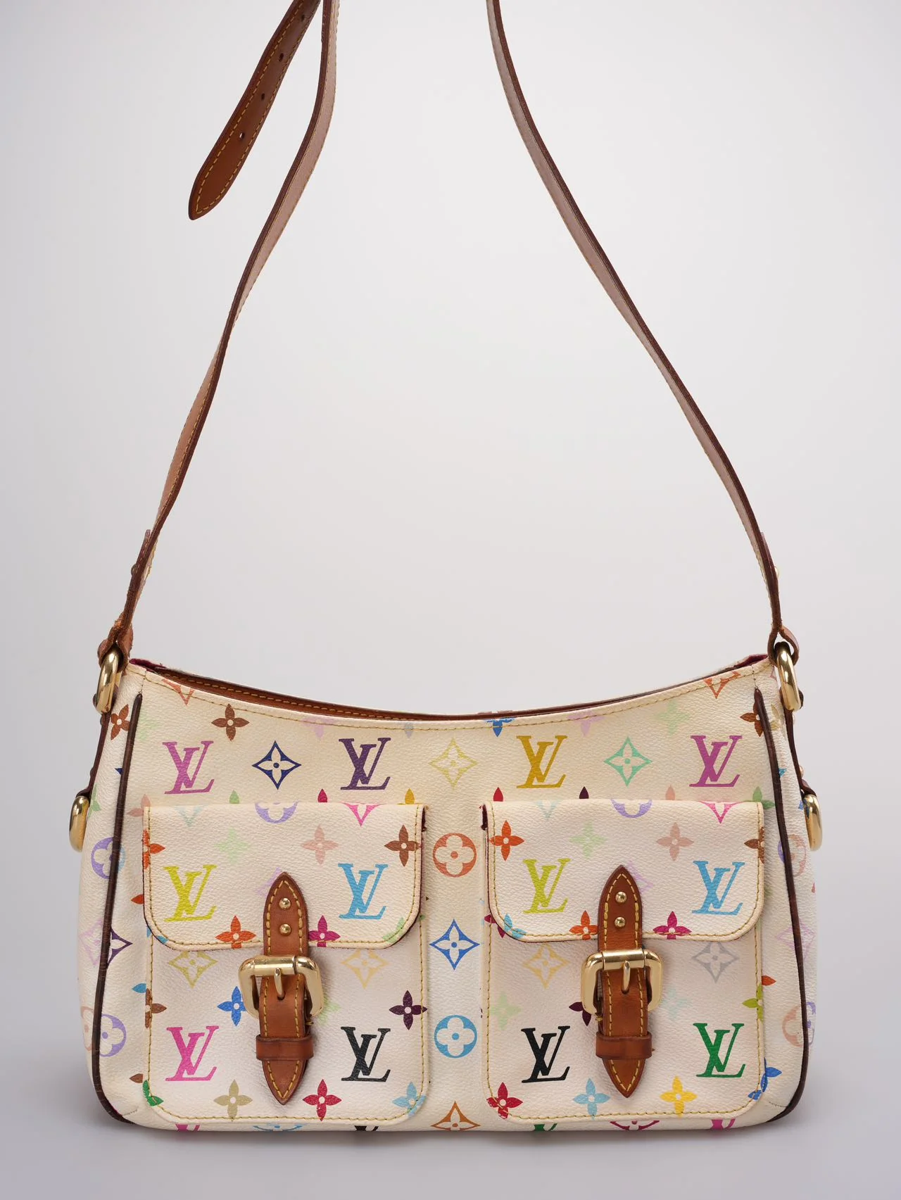 used-Louis Vuitton Takashi Murakami White Multicolore Monogram Coated Canvas Petit Noe Bag Gold Hardware-MILOURA