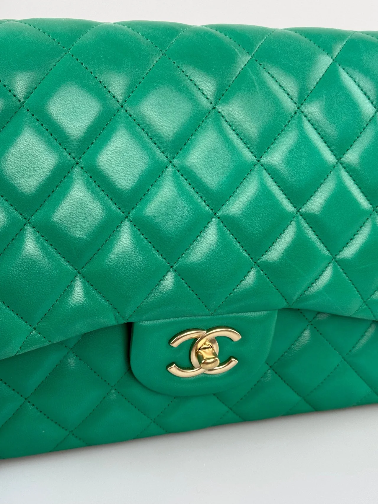 used-Chanel timeless Flap Bag Jumbo Green with Gold Hardware-MILOURA