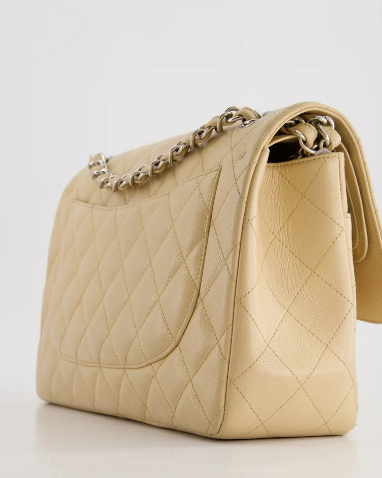used-Chanel timeless Flap Bag Beige Jumbo size Caviar Leather with Silver Hardware-MILOURA