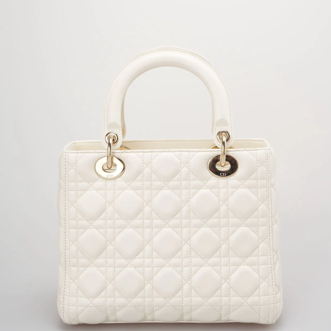used-Christian Dior White Medium Lady Dior Bag in Cannage Lambskin Leather with Gold Hardware-MILOURA