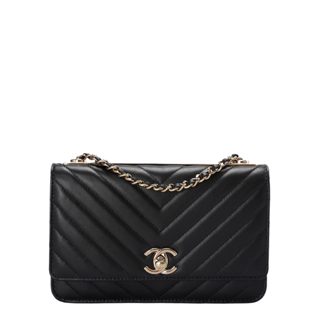 used-Chanel Lambskin Chevron Quilted Trendy CC Wallet On Chain WOC in Black-MILOURA