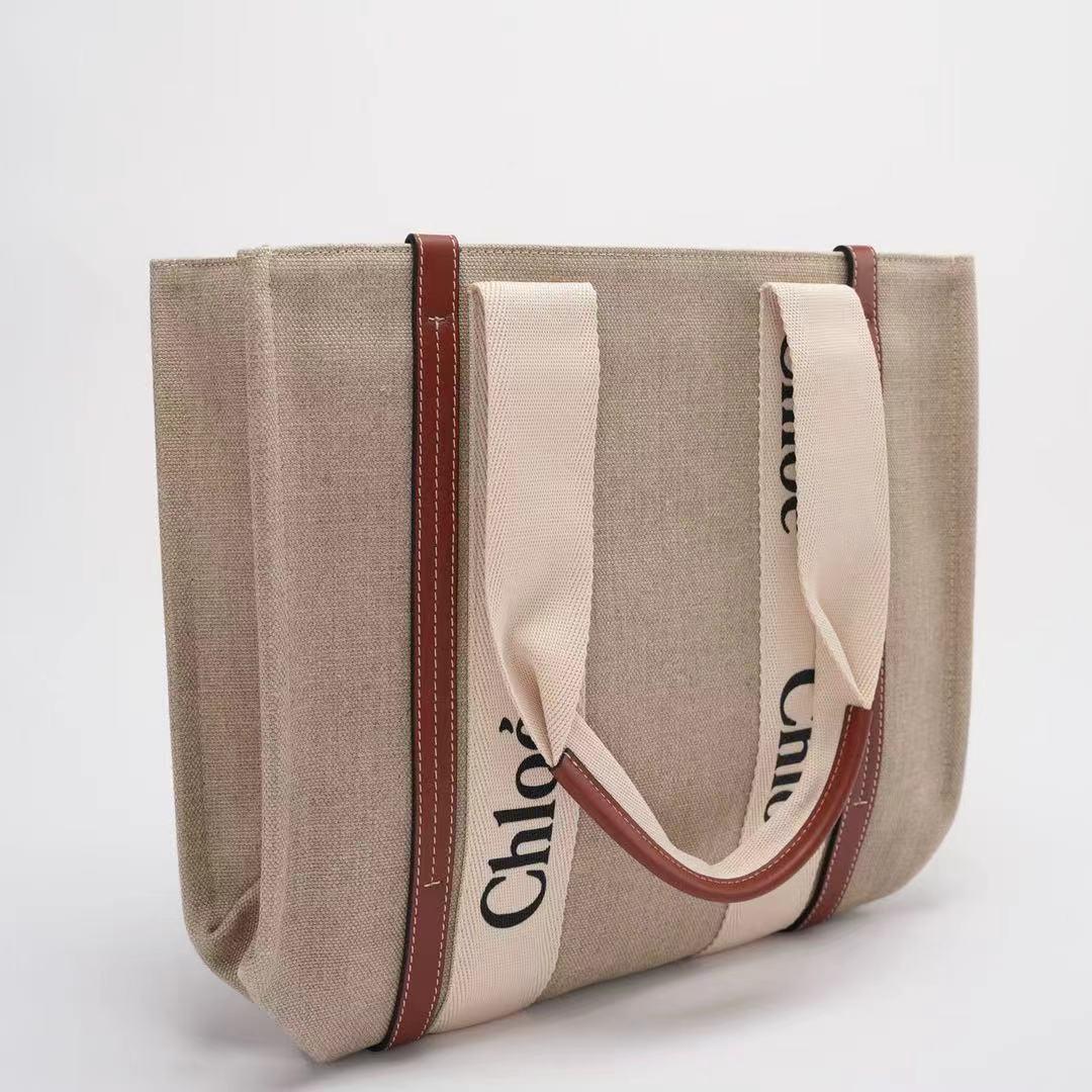 Chloe White Medium Woody Tote Bag Leinen Side