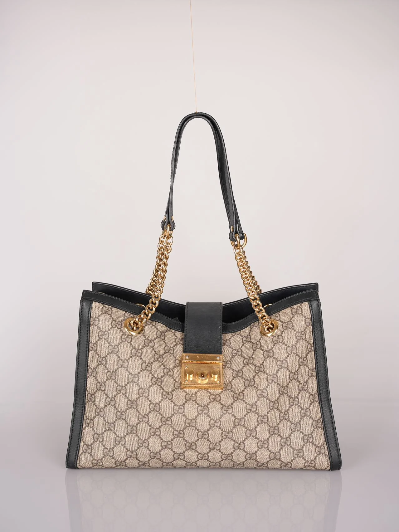 used-Gucci GG Logo Supreme Canvas Leather Padlock Tote Bag in Beige/Black in medium-MILOURA