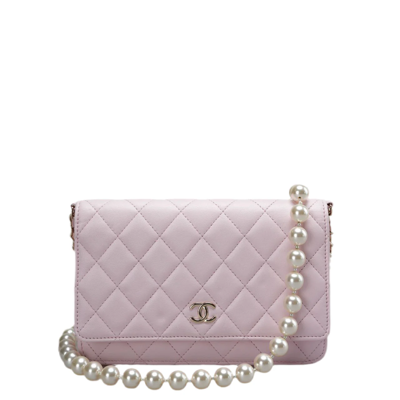 used-Chanel Pink Quilted Lambskin Pearl Wallet on Chain With Gold Hardware-MILOURA