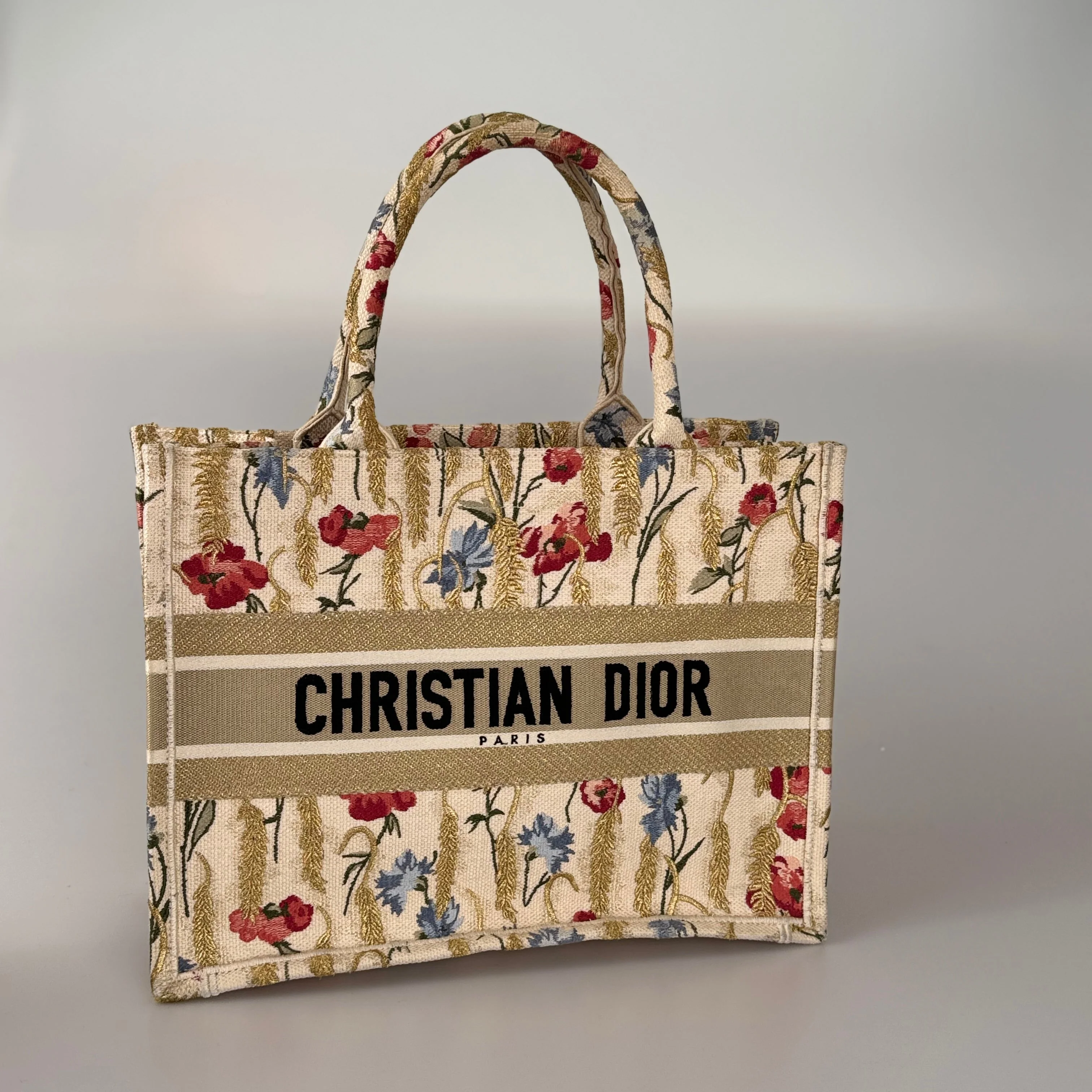 used-CHRISTIAN DIOR Beige Floral Embroidered Canvas Book Tote Medium-MILOURA