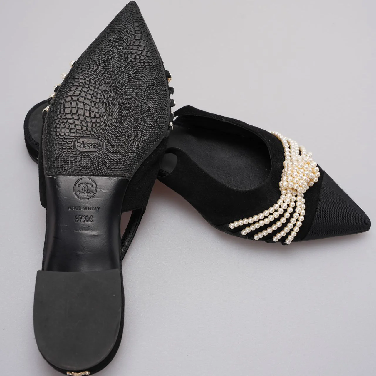 used-Chanel Slingback Satin Pearl Flats Black Size 37.5-MILOURA