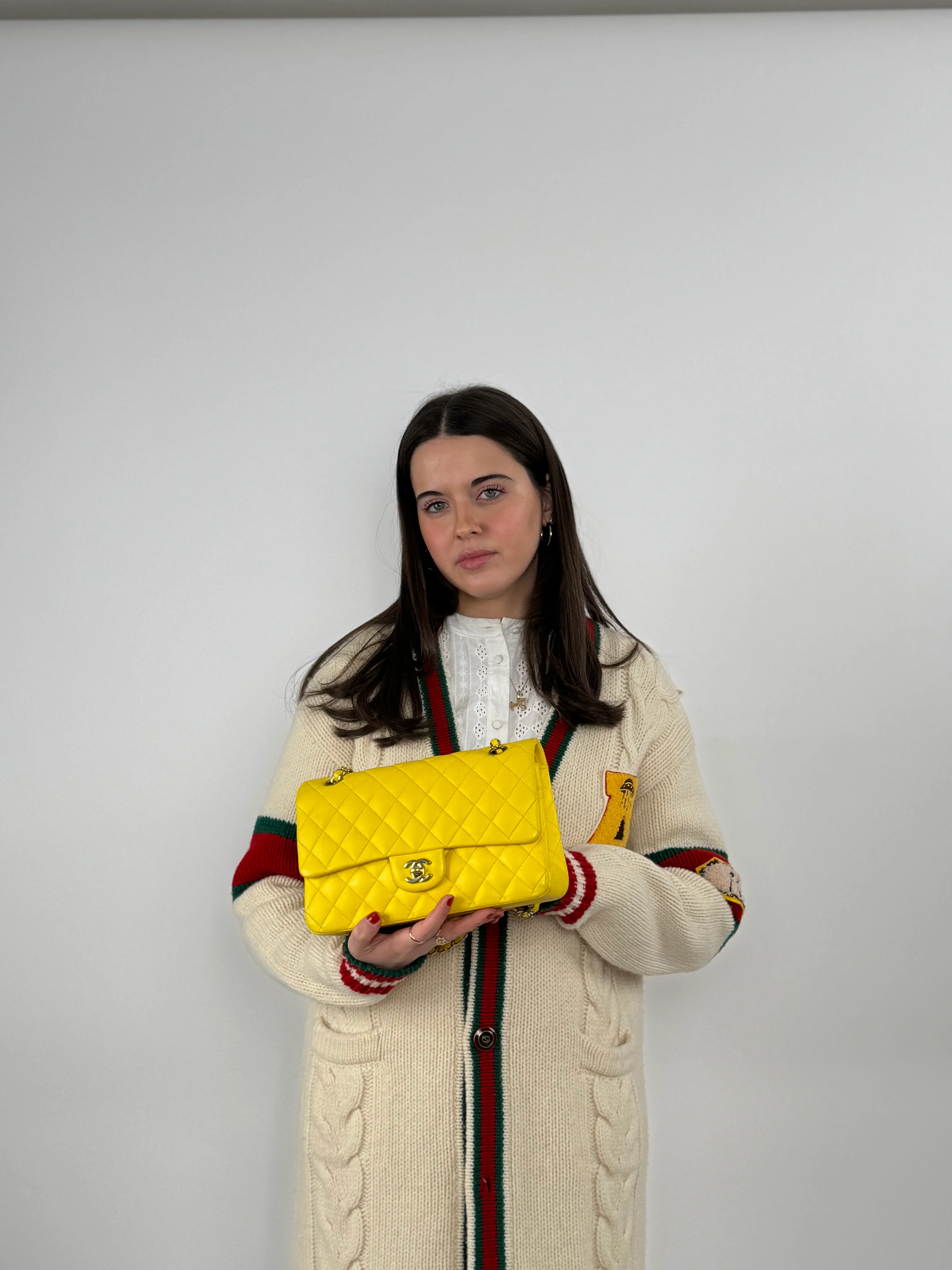 used-Chanel Medium Classic Flap Bag with Silber Hardware Yellow-MILOURA