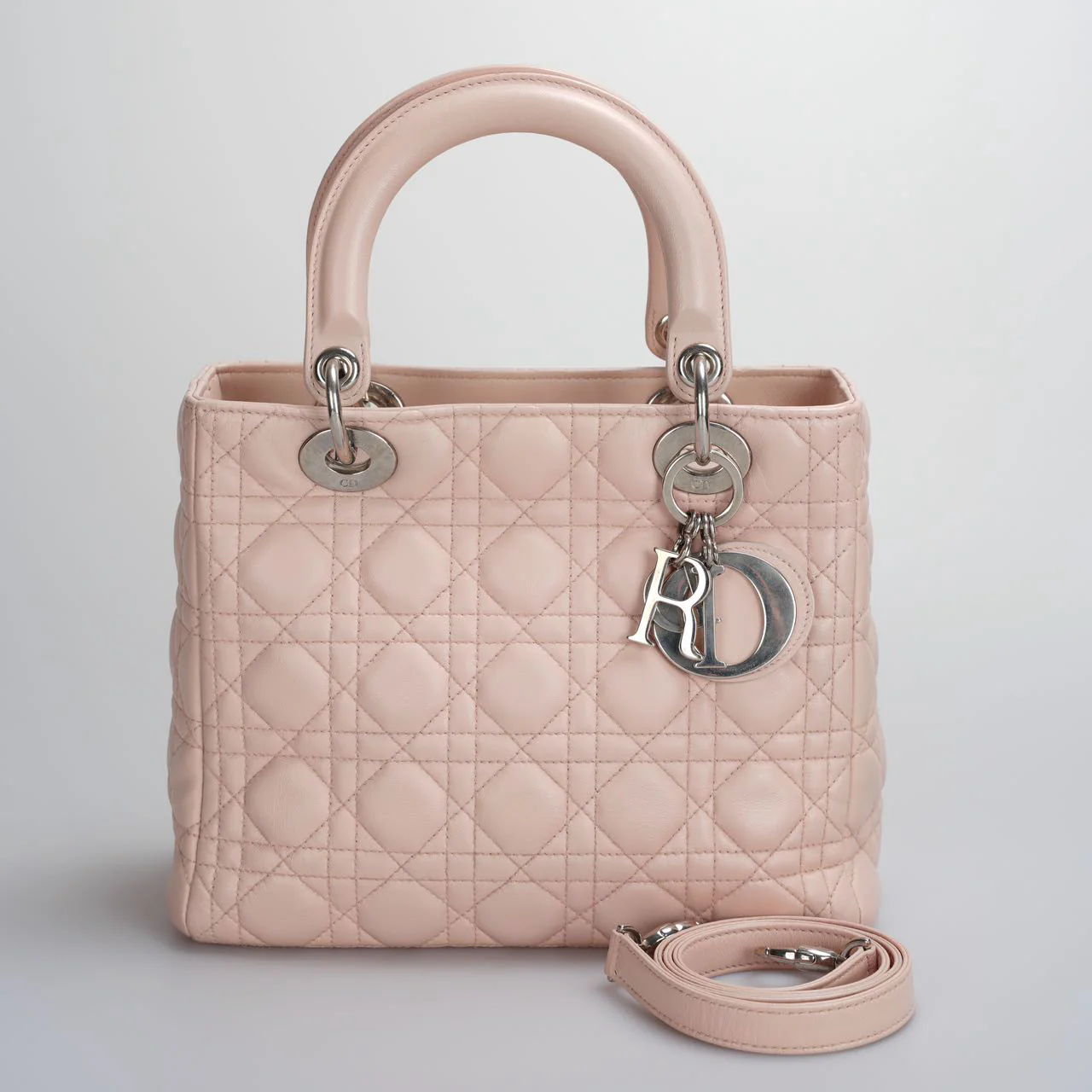used-Christian Dior Pink Medium Lady Dior Bag in Cannage Lambskin Leather with Silver Hardware-MILOURA
