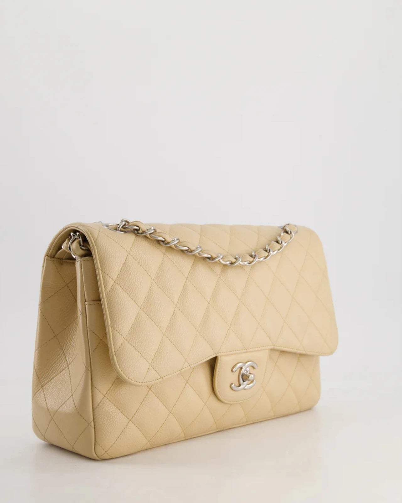 used-Chanel timeless Flap Bag Beige Jumbo size Caviar Leather with Silver Hardware-MILOURA