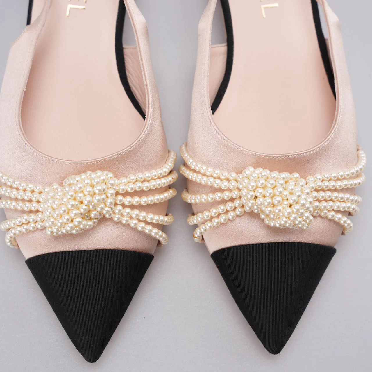 used-Chanel Satin Grosgrain Pearl Slingback Flats Pink/Black Size 38-MILOURA