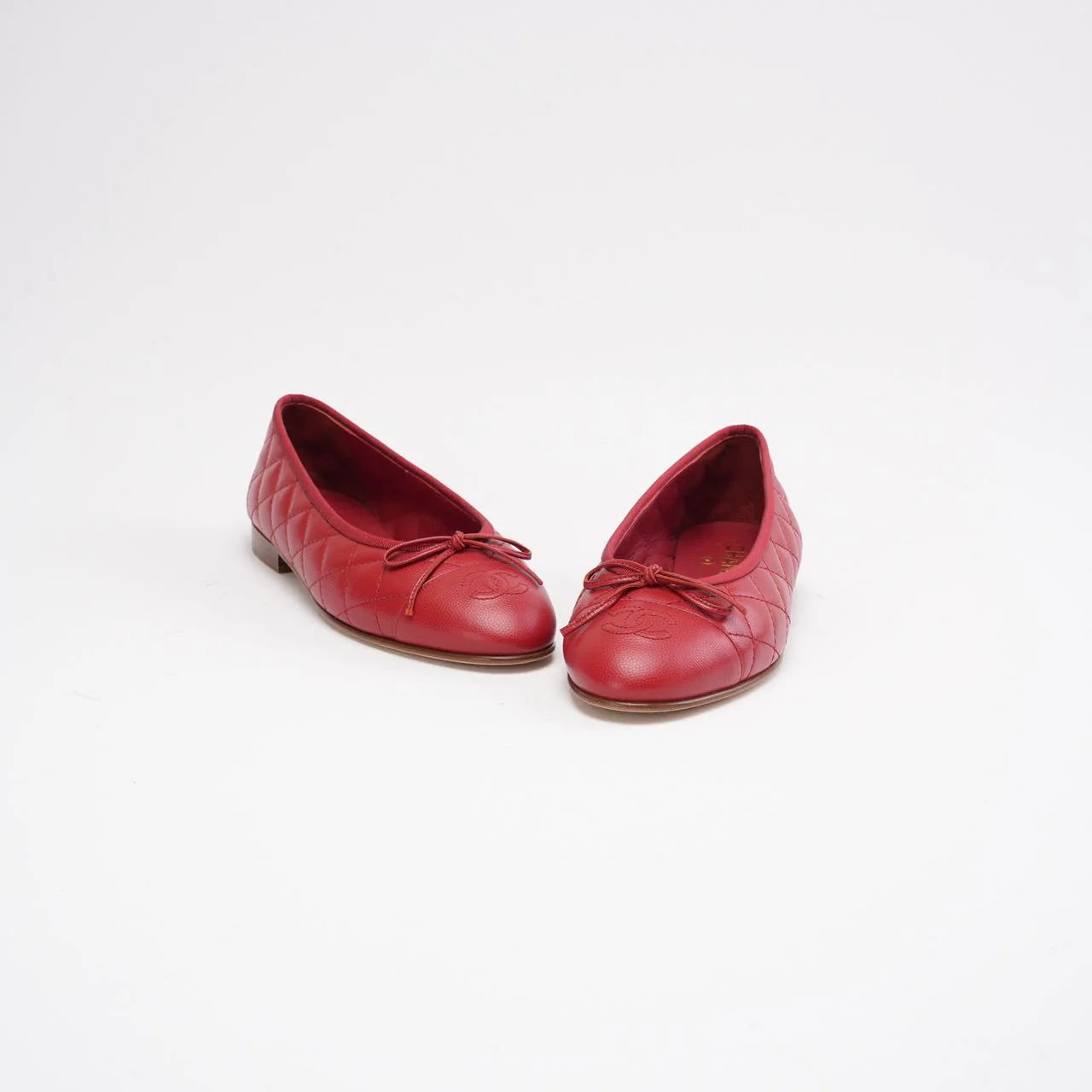 Chanel Red Leather CC Cap Toe Ballet Flats Size 38
